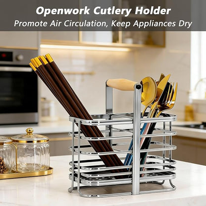 Caliamary Utensil Holder, Stainless Small Stainless Steel Cutlery Drainer Caddy for Kitchen Counter, Silverware Cutlery Flatware Holder Forks, Knives, Spoons, Chopsticks Organizer (Silver)