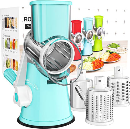 Cambom Rotary Cheese Grater Hand Crank Cheese Shredder for Fresh Cheese, Vegetable, Nuts,Non-slip Suction Base, Free Cleaning Brush Three Blades, Blue by Cambom