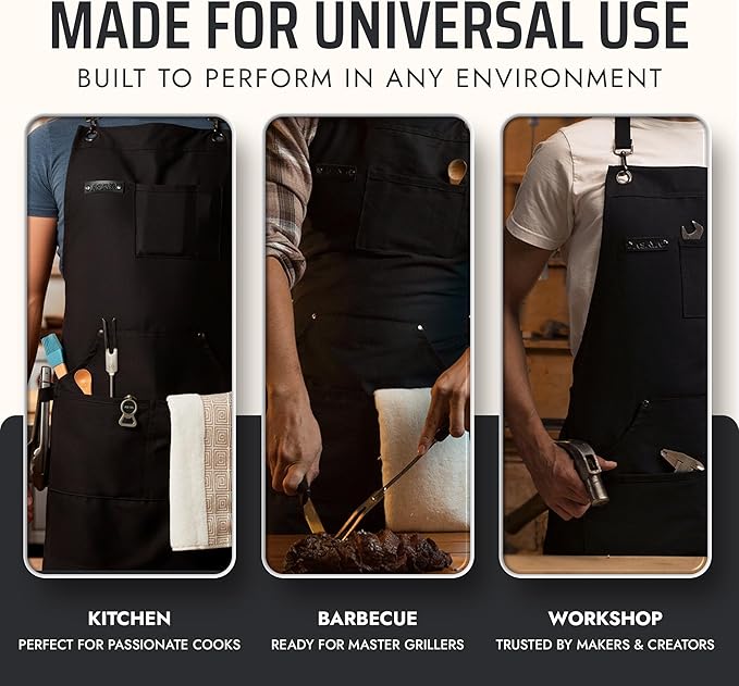 Asaya Chef and BBQ Apron with Bottle Opener and Hand Towel - 10oz Cotton Canvas, Stainless Steel Hardware - Cross Back Straps - Image 7