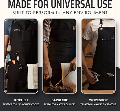 Asaya Chef and BBQ Apron with Bottle Opener and Hand Towel - 10oz Cotton Canvas, Stainless Steel Hardware - Cross Back Straps - Image 7