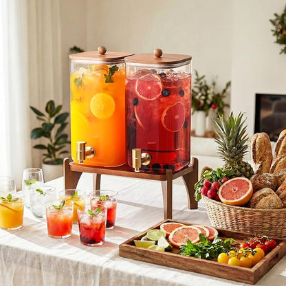 2 Pack 1.5 Gallon Square Glass Drink Dispenser with Wooden Stand & Lid, Large Beverage Dispenser with Stainless Steel Spigot, Juice & Lemonade Dispenser for Parties, Iced Tea, Water, Space-Saving - Image 3