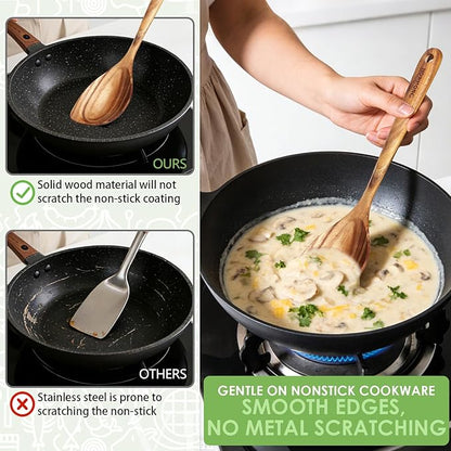 HOWHONG Corner Spoon Wooden Cooking Utensil, Long Handle Acacia Wood Spoon for Cooking, Large Head for Pan Edges, Smooth Finish, Nonstick Cookware Safe, Bare Wood Feel for Daily Kitchen Use