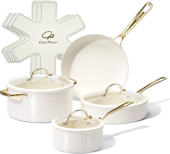 Chef Power Ceramic Cookware Sets, 10Pcs Pots and Pans Set Non Stick, Cookware Set with Stainless Steel Handle, Dishwasher & Oven Safe, Cream White and Light Gold Handle by ChefPower