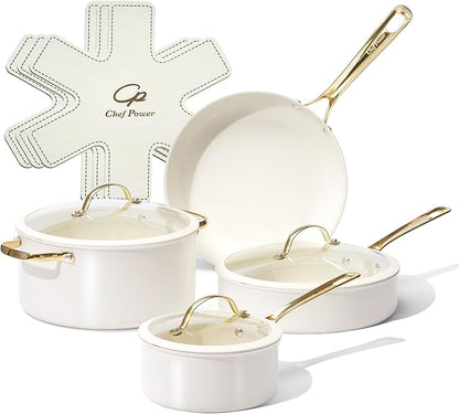 Chef Power Ceramic Cookware Sets, 10Pcs Pots and Pans Set Non Stick, Cookware Set with Stainless Steel Handle, Dishwasher & Oven Safe, Cream White and Light Gold Handle by ChefPower