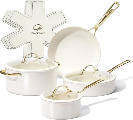 Chef Power Ceramic Cookware Sets, 10Pcs Pots and Pans Set Non Stick, Cookware Set with Stainless Steel Handle, Dishwasher & Oven Safe, Cream White and Light Gold Handle by ChefPower