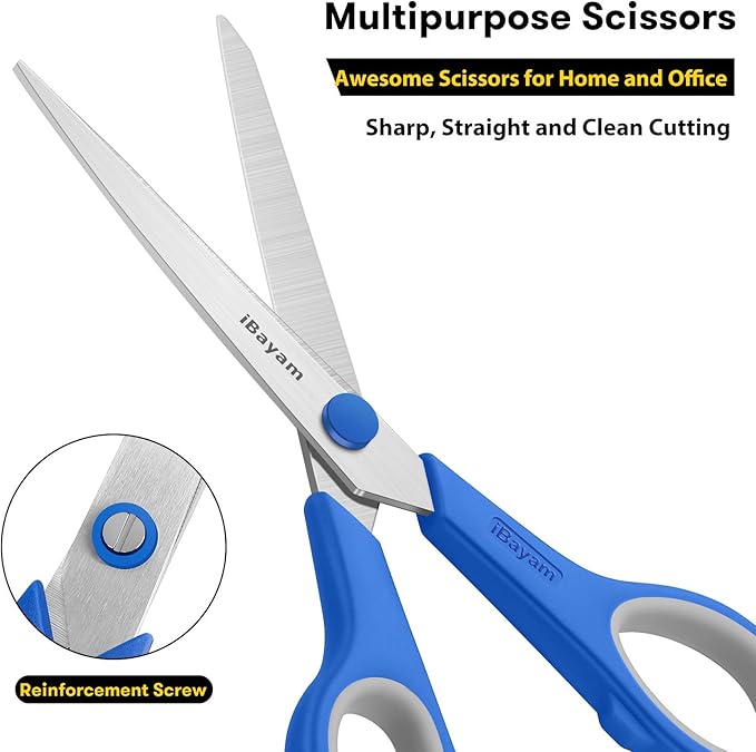Scissors, iBayam 8" All Purpose Scissors Bulk 3-Pack, Ultra Sharp 2.5mm Thick Blade Shears Comfort-Grip for Office Desk Accessories Sewing Fabric Home Craft School Supplies, Right/Left Handed - Image 5