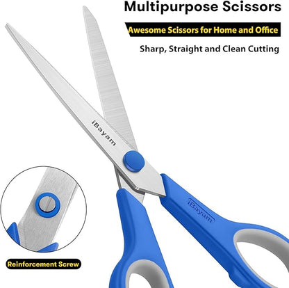 Scissors, iBayam 8" All Purpose Scissors Bulk 3-Pack, Ultra Sharp 2.5mm Thick Blade Shears Comfort-Grip for Office Desk Accessories Sewing Fabric Home Craft School Supplies, Right/Left Handed - Image 5