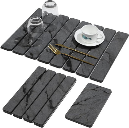 2 PCS Stone Dish Drying Mat for Kitchen Counter,Quick Dry Stone Dishes Mats,Marbled Water Absorbing Diatomaceous Earth Drying Pad for Countertop Bottles Utensils Cups（Dark Gray 20"×14" & 8"x4"） by linidcoudhome