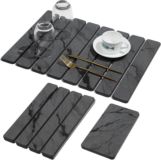 2 PCS Stone Dish Drying Mat for Kitchen Counter,Quick Dry Stone Dishes Mats,Marbled Water Absorbing Diatomaceous Earth Drying Pad for Countertop Bottles Utensils Cups（Dark Gray 20"×14" & 8"x4"） by linidcoudhome