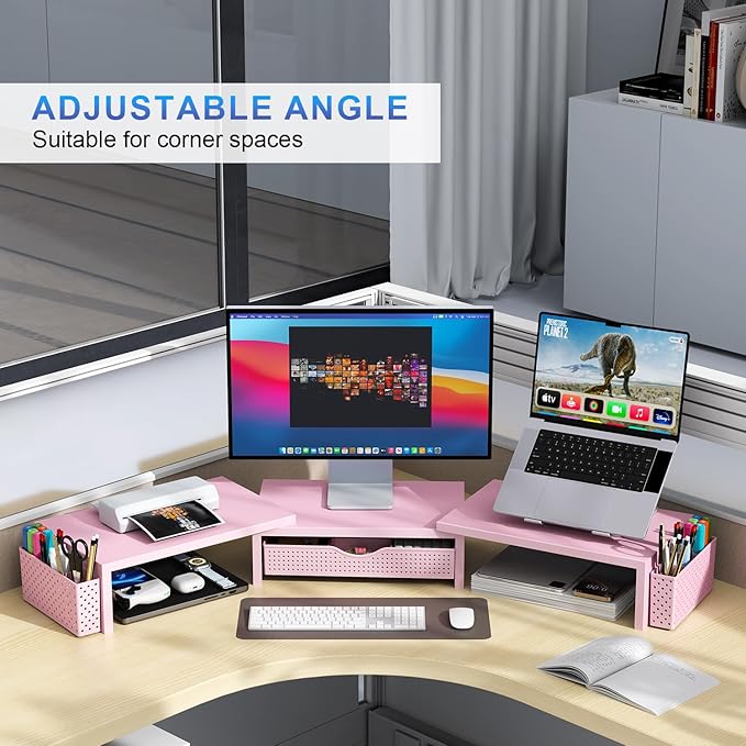 gianotter Dual Monitor Stand Riser, Desk Organizer With Drawer and 2 Pen Holders,Desk Organizers and Accessories, Pink Office Supplies (Pink) - Image 3