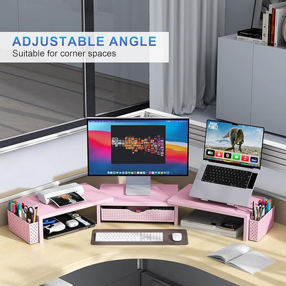 gianotter Dual Monitor Stand Riser, Desk Organizer With Drawer and 2 Pen Holders,Desk Organizers and Accessories, Pink Office Supplies (Pink) - Image 3
