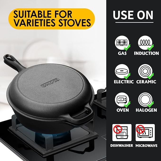EDGING CASTING 2-in-1 Pre-Seasoned Cast Iron Dutch Oven Pot with Skillet Lid Set, 10" Skillet 3QT Pot for Cooking, Baking, Frying and Camping - Image 6