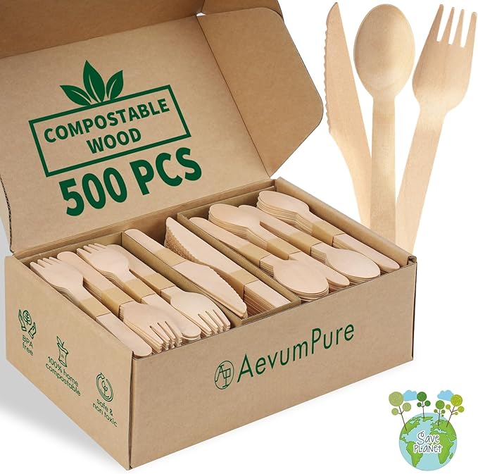 Compostable Wooden Utensils Set - 500 Pieces Disposable Wood Cutlery (200 Spoons, 200 Forks,100 Knives)-Bamboo Utensils And Plastic Silverware Alternative, Heavy Duty Utensils For Party by Unknown