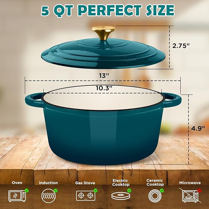 Enameled Cast Iron Dutch Oven Pot with Lid, Incl. Sourdough Bread Baking Supplies Like Banneton Bread Proofing Basket, Starter Jar, Scoring Tool Lame, 5QT Dutch Oven for Bread Baking, Oven Safe up to 500°F - Image 3