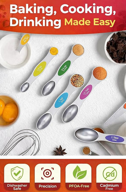 Premium Magnetic Measuring Spoons Set|Strong N52 Magnets|Heavy Duty Stainless Steel|Dual-Sided for Spice Jar & Liquid Measuring|Dishwasher Safe|7 Spoons with Leveler for Baking & Cooking (Colorful) - Image 2