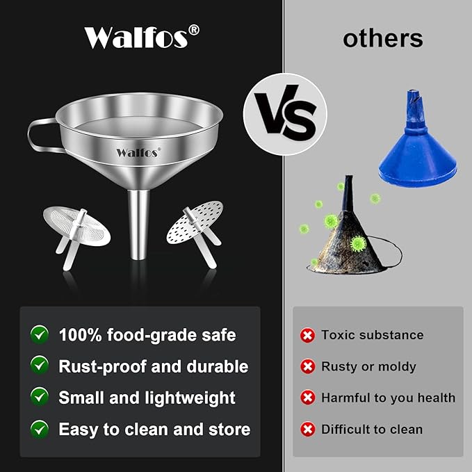 Large Stainless Steel Funnel, Walfos Kitchen Funnel with 2 Removable Strainer ＆ 1Pc Cleaning Brush, Perfect for Transferring of Liquid, Oils, Jam, Dry Ingredients & Powder (Big, 5.7") - Image 3