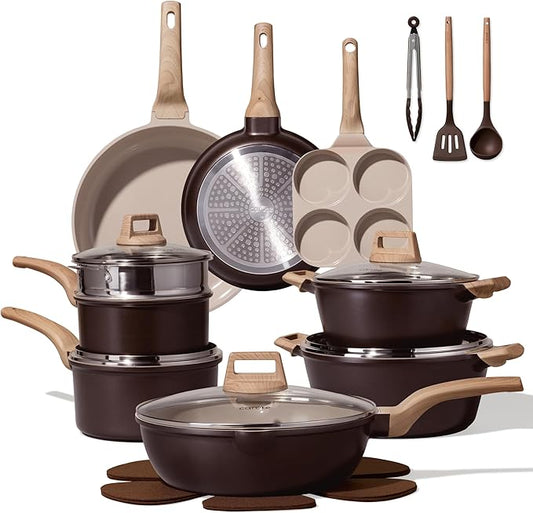 CAROTE 21 PCS Ceramic Cookware Set, Pots and Pans Set Non Stick, Pot and Pan Set with Frying Pan, Induction Ready Cooking Set for Kitchen, PFOS/PFOA/PFAS Free, Brown by CAROTE
