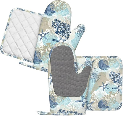 Nautical Coastal Oven Mitts and Pot Holders Set of 4 Silicone Starfish Seashell Coral Algae Beach Themed Blue Kitchen Mitten Gloves Potholders Set Oven Gloves Hot Holders for BBQ