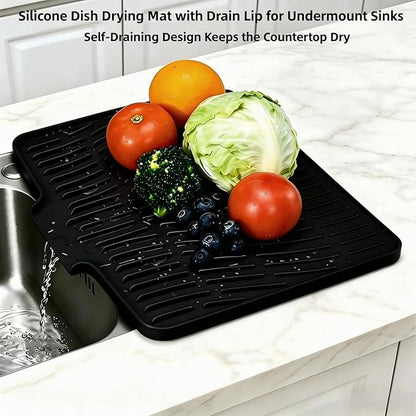 Silicone Dish Drying Mat for Kitchen Counter Sink,16"x13" Black Rubber Dish Drying Mat with Drain Lip & Lanyard,Non-Slip dish drying Pad,silicone drying mat dish drain mat - Image 3