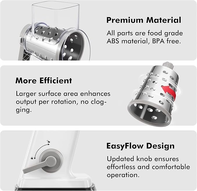 Geedel Rotary Cheese Grater - Upgraded Vegetable Shredder with 4 Interchangeable Blades, Easy to Clean Cheese Shredder with Handle, Kitchen Grater Nuts Grinder for Cutting Cheese, Vegetable, Nuts - Image 6