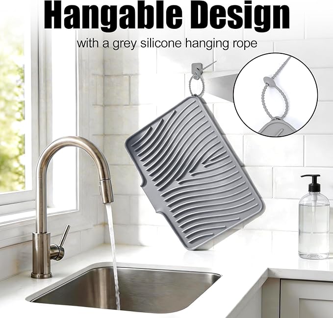 TIKNIK Silicone Dish Drying Mat, Stone Drying Mat for Kitchen Counter with Built-In Drain, Non-Slip Drain Pad with Built-in Drain, Heat Resistant Stone Drying Mat, Hangable, Grey-1pcs, 16" x 12" - Image 4
