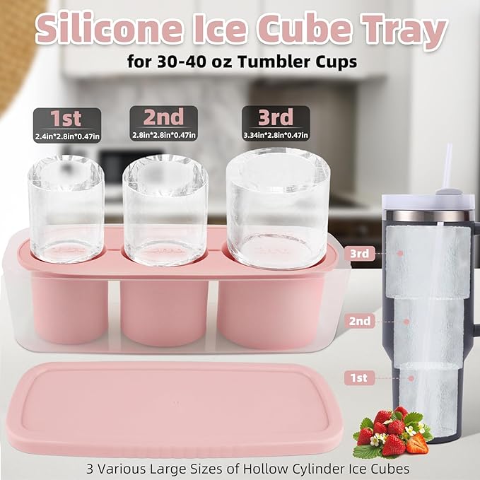 Tcamp Tumbler Ice Mold, Ice Cube Tray for 30 oz -40 oz Tumbler Cup, 3 Pcs Silicone Hollow Cylinder Ice Mold with Lid and Bin for Freezer, Ice Drink, Juice, Whiskey, Cocktail (Pink)