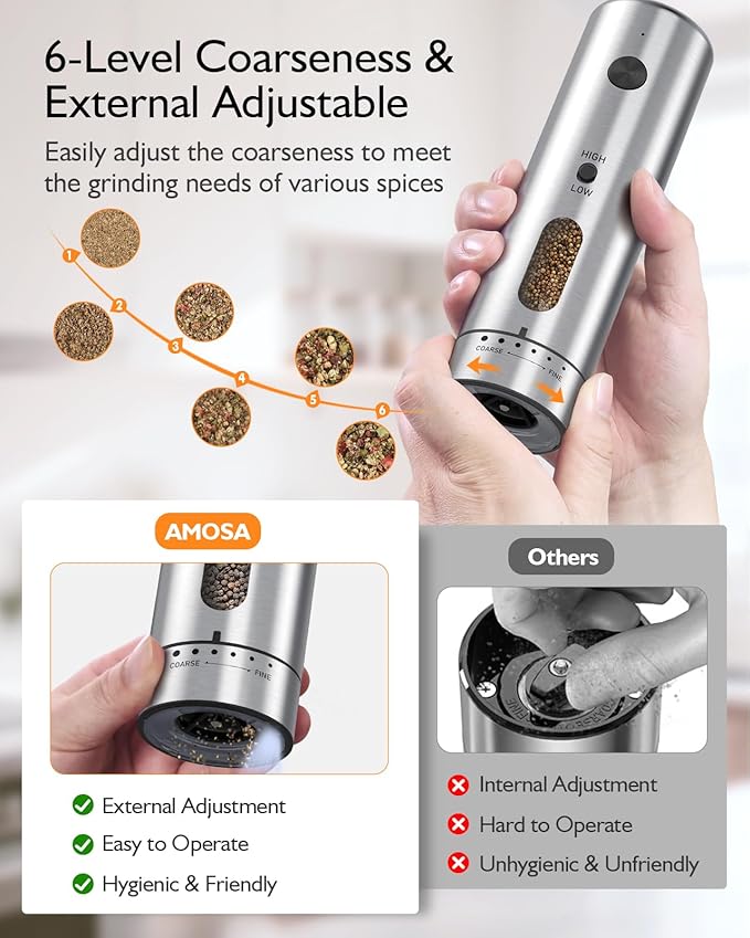 Electric Salt and Pepper Grinder Set, Upgraded 2-Speed Setting, External 6 Adjustable Coarseness, USB C Dual Rechargeable Base, All Stainless Steel Automatic Salt & Pepper Mill Shakers with LED Light - Image 3