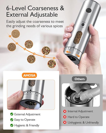 Electric Salt and Pepper Grinder Set, Upgraded 2-Speed Setting, External 6 Adjustable Coarseness, USB C Dual Rechargeable Base, All Stainless Steel Automatic Salt & Pepper Mill Shakers with LED Light - Image 3