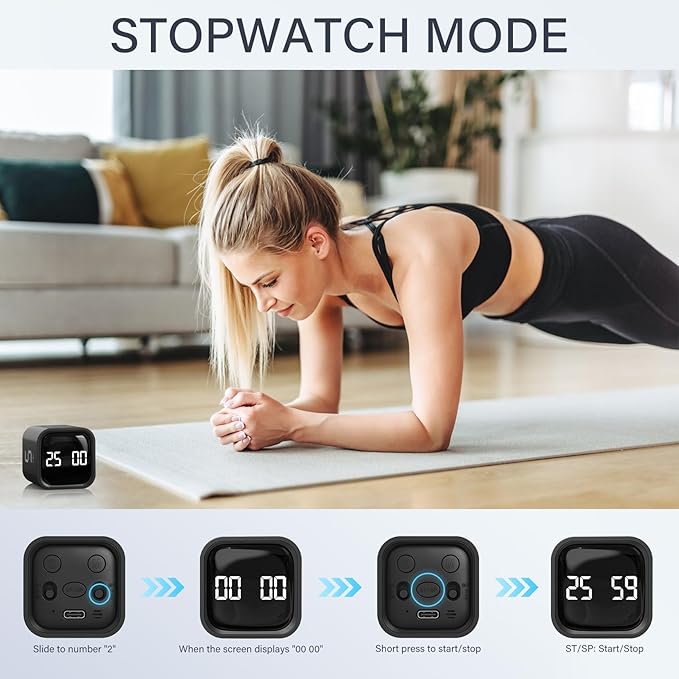 Rotating Pomodoro Timer 5, 25, 10 50 Minutes Preset, Desk Productivity Flip Timer, ADHD Tool Cube Countdown Stopwatch, Vibration/High/Low Volume/Custom Modes, for Work, Study, Back to School, Kitchen - Image 5
