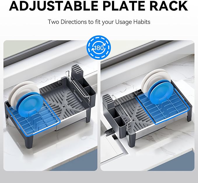 Urackify Expandable Dish Drying Rack, Stainless Steel Dish Rack with Aluminum Frame, Dish Drainer for Kitchen Counter, Space Saving Kitchen Drying Rack with Movable Utensil Holder, Gray - Image 8