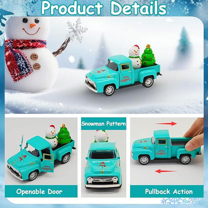 Vintage Blue Christmas Truck Decor – 4.9″Retro Die-Cast Metal Pickup with Snowman and Christmas Tree Figurines for Xmas Town Village Accessories Set Display Home indoor Decoration Gift(Xmas-Blue)