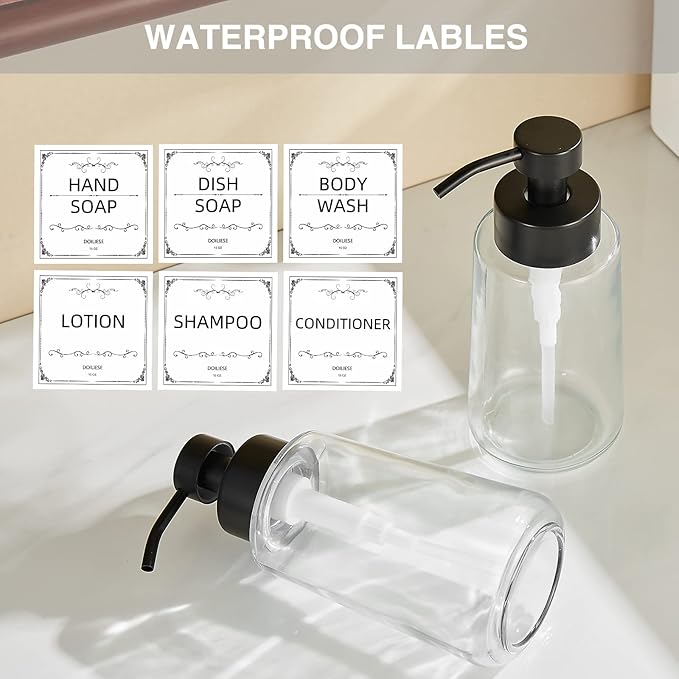 Soap Dispenser, Clear Glass Soap Dispenser with Rust Proof Pump, 16oz Liquid Soap Pump with Waterproof Labels, Dish & Hand Soap for Bathroom, Kitchen, Matte Black, Pack of 2 - Image 7