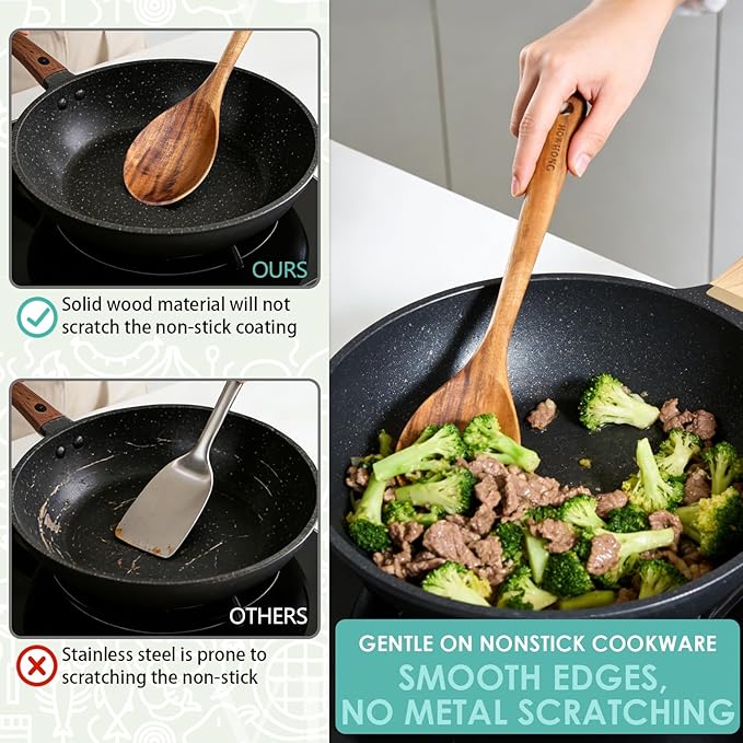 HOWHONG Wooden Cooking Spoon, Long Handle Acacia Wood Spoon for Cooking, Deep Solid Spoon for Soup, Sauce and Stirring, Smooth Finish, Nonstick Cookware Safe, Bare Wood Feel for Daily Kitchen Use