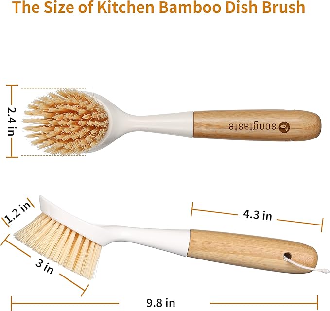 2 Pack Kitchen Dish Brush Bamboo Handle Dish Scrubber Built-in Scraper, Scrub Brush for Pans, Pots, Kitchen Sink Cleaning, Dishwashing and Cleaning Brushes are Perfect Cleaning Tools, White - Image 6