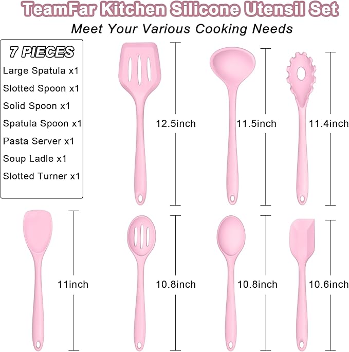 TeamFar Silicone Cooking Utensil Set of 7, Kitchen Nonstick Tools Turner Spoon Spatula Ladle Pasta Server for Nonstick Cookware, Healthy & One-Piece, Anti-Heat & Dishwasher Safe - Pink - Image 2