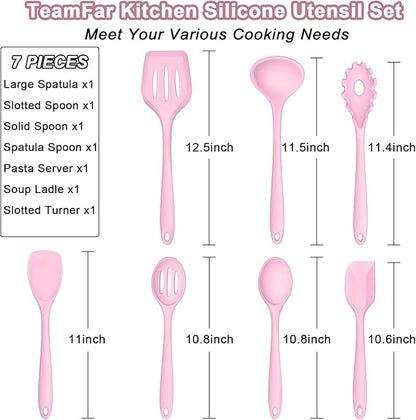 TeamFar Silicone Cooking Utensil Set of 7, Kitchen Nonstick Tools Turner Spoon Spatula Ladle Pasta Server for Nonstick Cookware, Healthy & One-Piece, Anti-Heat & Dishwasher Safe - Pink - Image 2