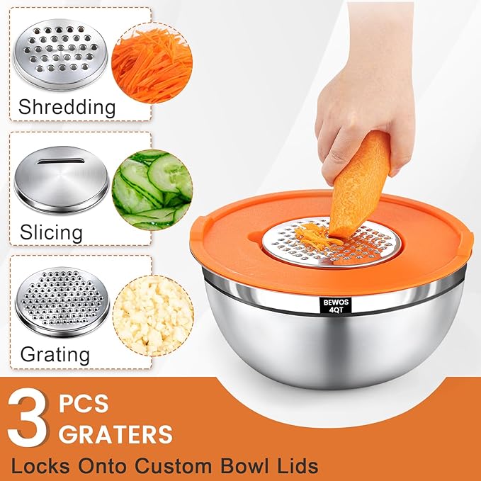 BEWOS Mixing Bowls with Lids Set - 5 Pcs Stainless Steel Mixing Bowls With 3 Grater Attachments, Size 4.5, 4, 3.5, 2.1, 1.5QT Metal Bowls for Baking and Serving (Colored) - Image 3