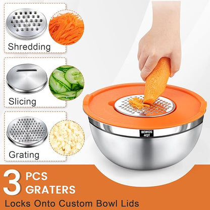 BEWOS Mixing Bowls with Lids Set - 5 Pcs Stainless Steel Mixing Bowls With 3 Grater Attachments, Size 4.5, 4, 3.5, 2.1, 1.5QT Metal Bowls for Baking and Serving (Colored) - Image 3