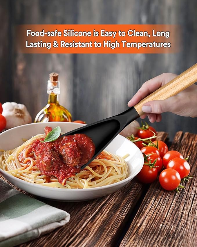 Cooking Spoon for Nonstick Cookwares, Great for Cooking and Serving Sturdy BPA-Free Matte Silicone, Wood Handle Spoon for Mixing, Scoop, and Scrape (2 Pack of Black, 13.4 inch) - Image 3