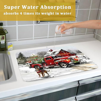 Christmas Red Truck Dish Drying Mat for Kitchen Counter 18x24 Inch Xmas Tree Snowman Dog Winter Print Absorbent Reversible Microfiber Drying Mats Kitchen Countertop Protector Dishes Drainer Rack Pad - Image 7
