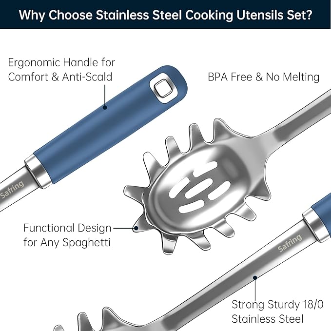 Safring Stainless Steel Soup Ladle and Spaghetti Spoon Set, Heat Resistant Rubber Handle, Dishwasher Safe, Kitchen Utensils for Cooking, Stirring, Serving Pasta, Soup & Sauce (Blue) - Image 3