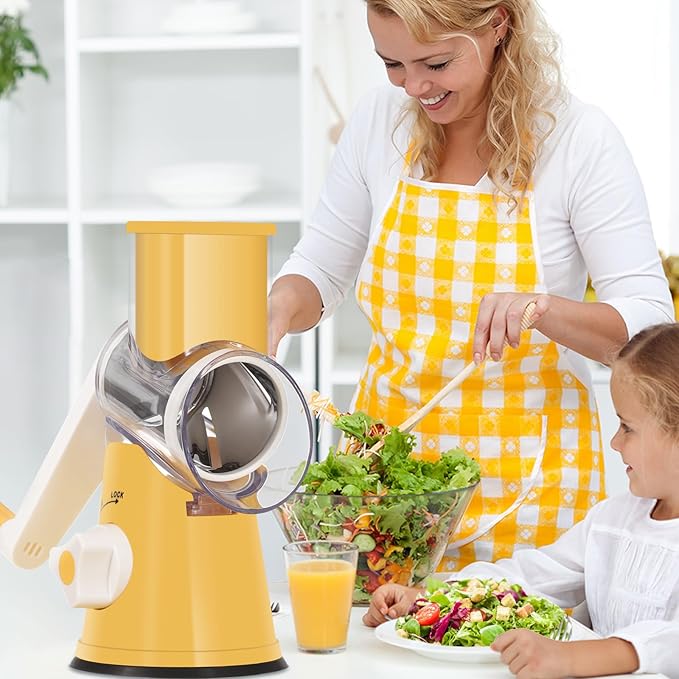 Ourokhome Rotary Cheese Grater Hand Crank, Kitchen Shredder Speed Mandolin Slicer Nut Grinder with Handle and Drum Blades for Cheese, Vegetable, Walnut, Chocolate, Potato, Carrot, 3 Blades, Yellow - Image 9