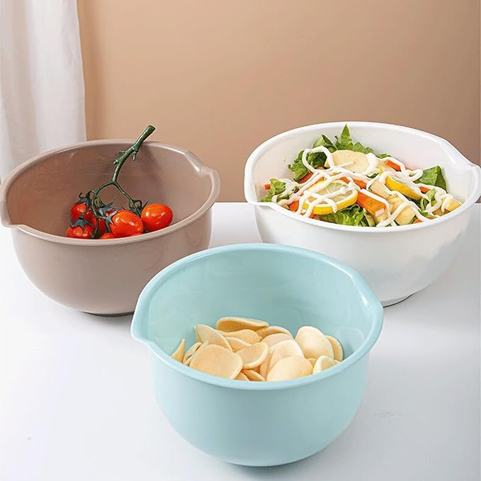 Set of 3 Mixing Bowls with Pour Spout-Nesting Design Saves Space - Non-Slip, BPA Free, Dishwasher Safe Plastic - Kitchen Cooking and Baking Supplies (Blue Grey white) - Image 5