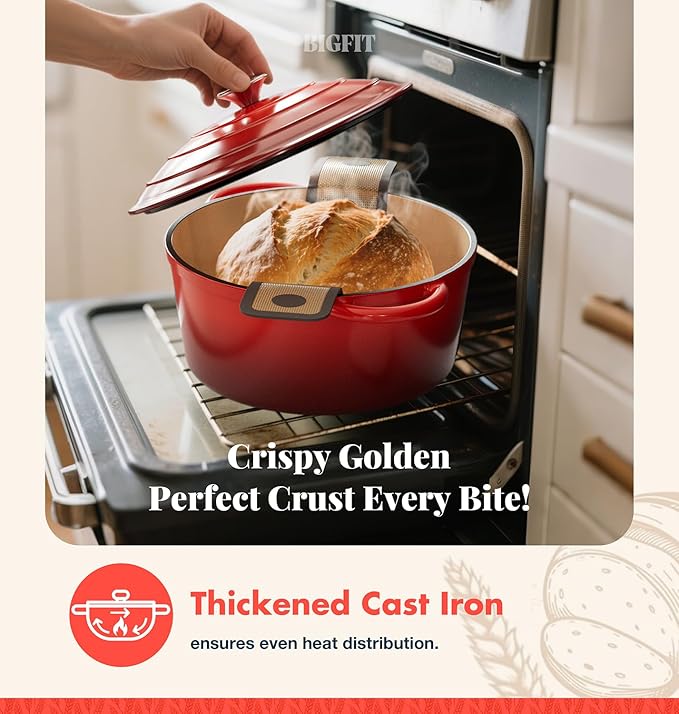 Cast Iron Dutch Oven for Bread Baking, With Banneton Bread Proofing Basket & Sourdough Baking Supplies, 5QT Multi-Functional Enameled Dutch Oven Pot with Lid, Cast Iron Bread Pan, Red - Image 5