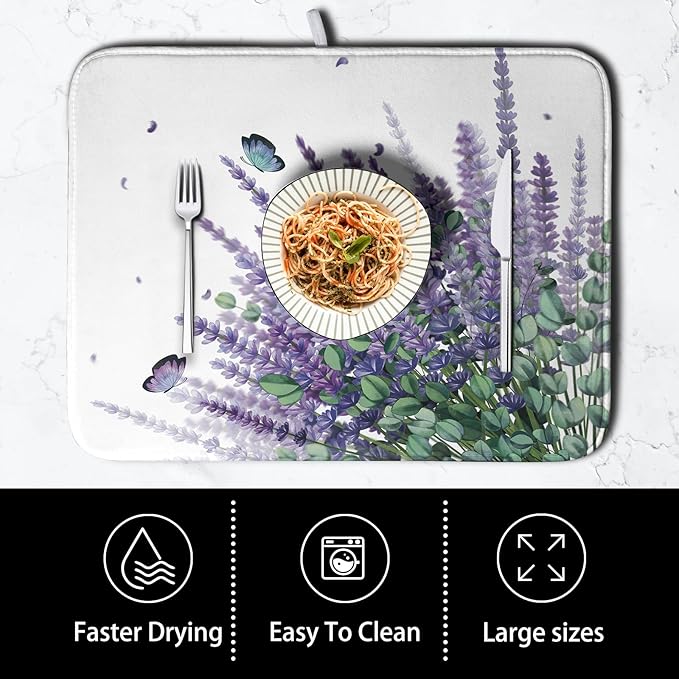 Purple Lavender Dish Drying Mat for Kitchen Counter Spring Summer Floral Microfiber Dish Drainer Mats Green Leaves Butterfly Absorbent Reversible Dish Drainer Rack Mat 16x18 Inch - Image 4