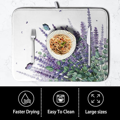 Purple Lavender Dish Drying Mat for Kitchen Counter Spring Summer Floral Microfiber Dish Drainer Mats Green Leaves Butterfly Absorbent Reversible Dish Drainer Rack Mat 16x18 Inch - Image 4