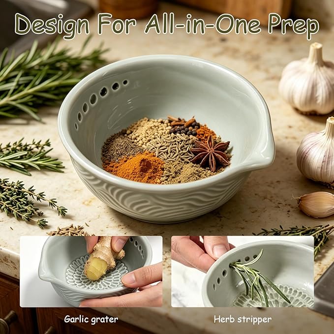 Grater Plate, 3 in 1 Ceramic Ginger Grater Bowl with Herb Stripper – Handmade Multi-Functional Kitchen Tool for Garlic, Ginger, Chocolate, Herbs, and Spices