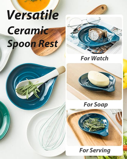 LAUCHUH Spoon Rest for Stove Top, Ceramic Spoon Holder for Kitchen Counter Large Spatula Holder for Ladles, Tongs, Farmhouse Kitchen Décor for Mother's Day, Heat-Resistant, Set of 2, 5 inch, Blue