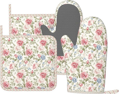 Oven Mitts and Pot Holders Flower Boho Rose Floral Silicone Kitchen Accessories Set of 4 Heat Resistant Long Gloves Potholder Non-Slip Grip for Chef Cooking Baking Grilling BBQ