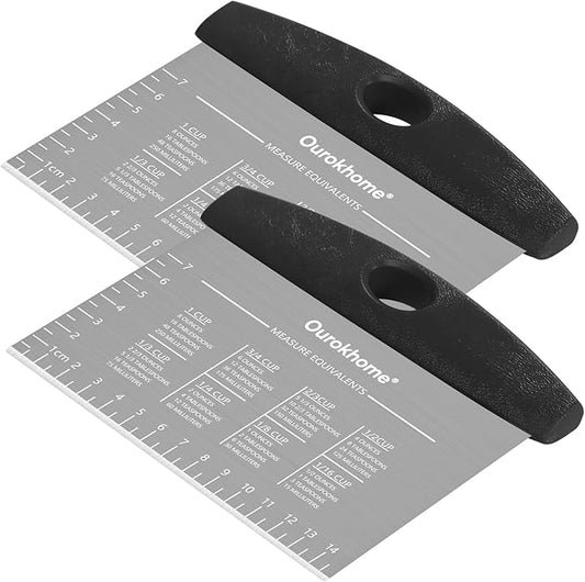 Ourokhome 2 Pack Bench Scraper Dough Cutter, Stainless Steel Dough Scraper with Laser-Etched Scale, Conversion Chart, Non-Slip Handle, Dishwasher Safe for Bread & Pastry, Black by Ourokhome